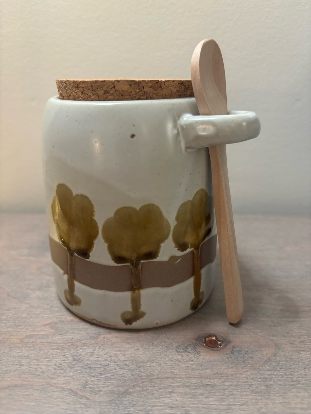 Creative Co-Op Hand Painted Stoneware Tree Jar Cork Lid Spoon
